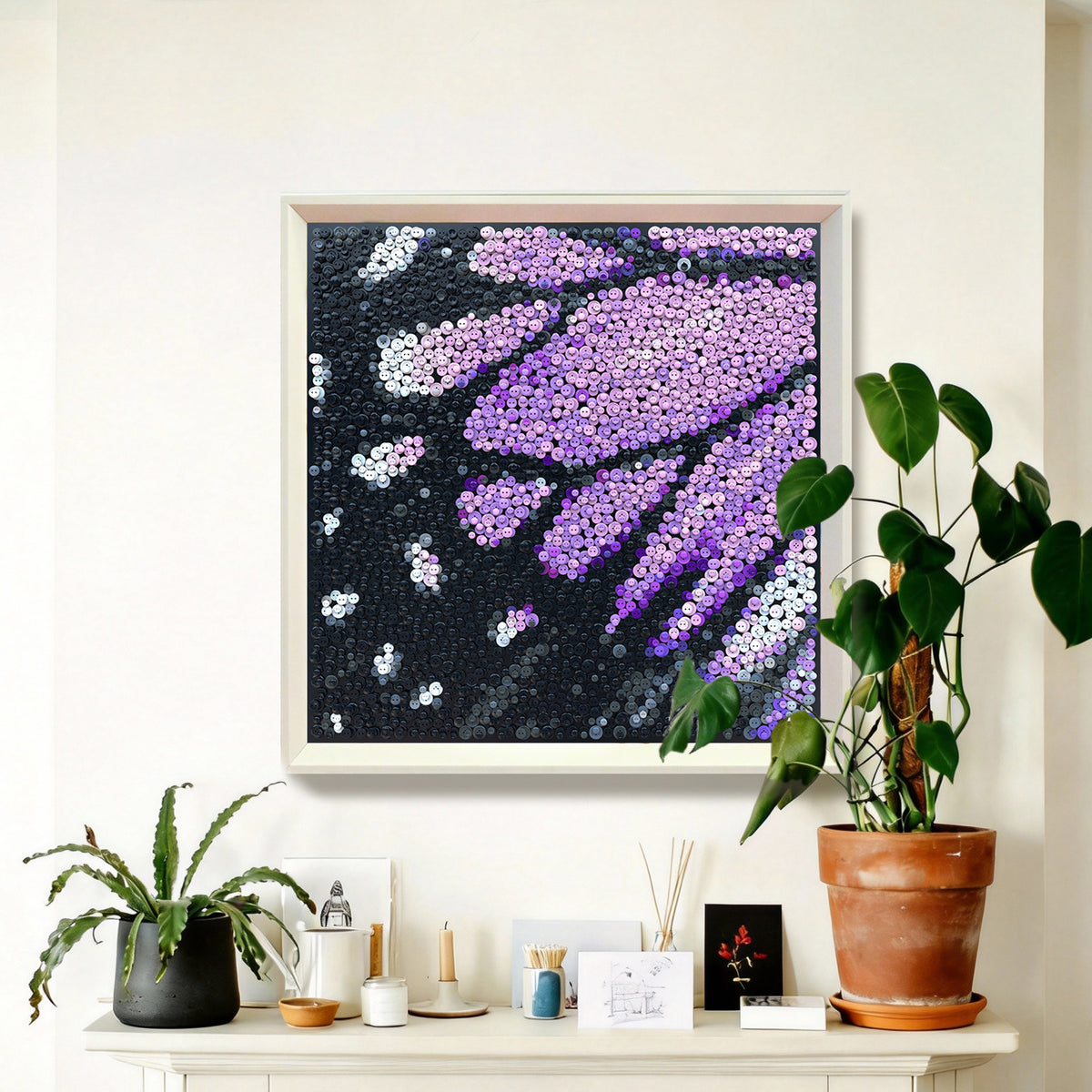 Velvet Wings textured button artwork featuring detailed purple butterfly wing patterns displayed in a contemporary home