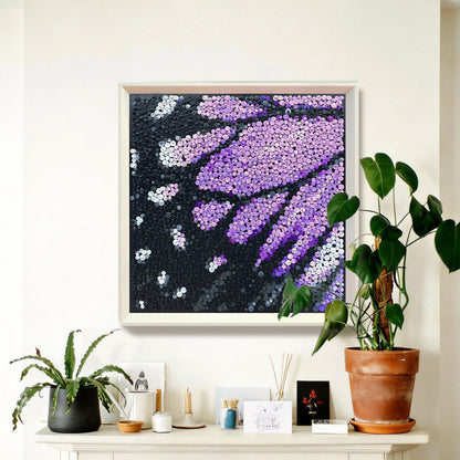 Velvet Wings textured button artwork featuring detailed purple butterfly wing patterns displayed in a contemporary home