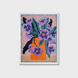 Whispers of Spring button art featuring blue and purple flowers in an orange-red flower pot