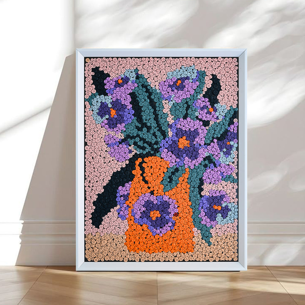 Whispers of Spring button art displayed as floral wall decor in a cozy living room
