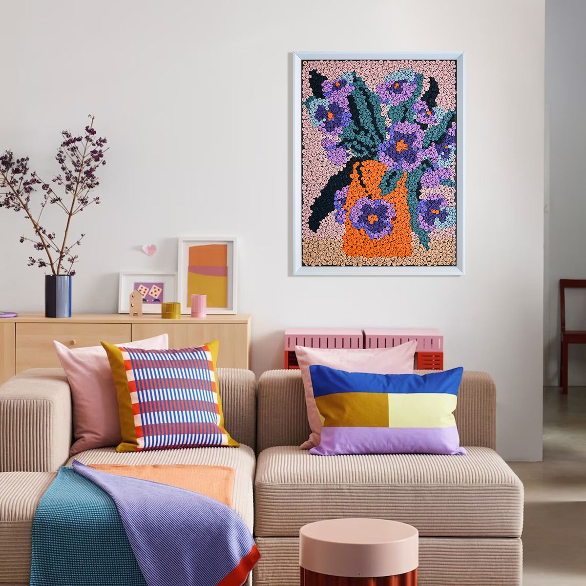 Whispers of Spring button artwork featured as colorful botanical home decor