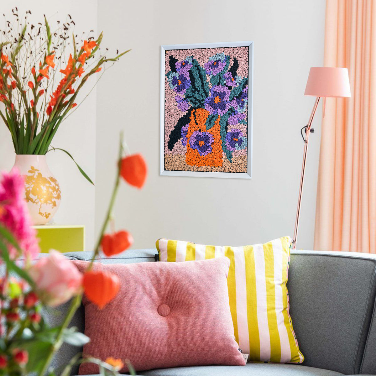 Whispers of Spring button art displayed as statement floral wall decor in a modern interior