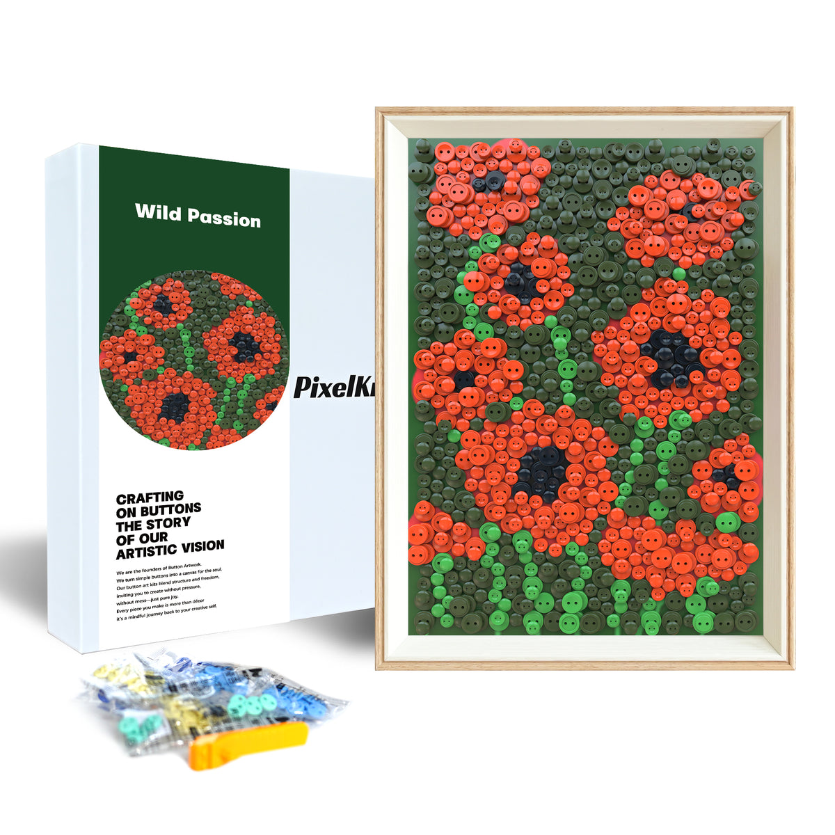 Wild Passion Button Art kit packaging with materials for a creative DIY experience