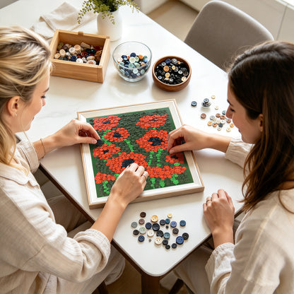 Assembling Wild Passion DIY Button Art by pressing colorful buttons into place