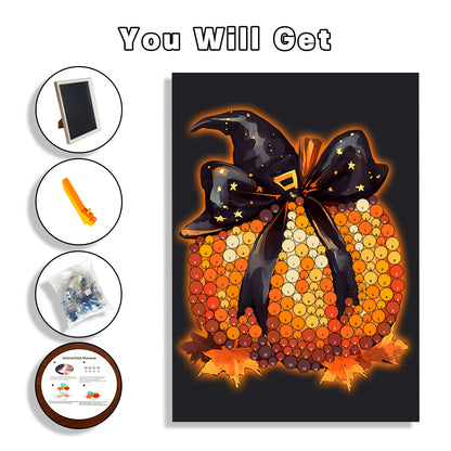 Witch Hat Pumpkin Button Art DIY kit with artwork board, colorful buttons, frame, and craft supplies