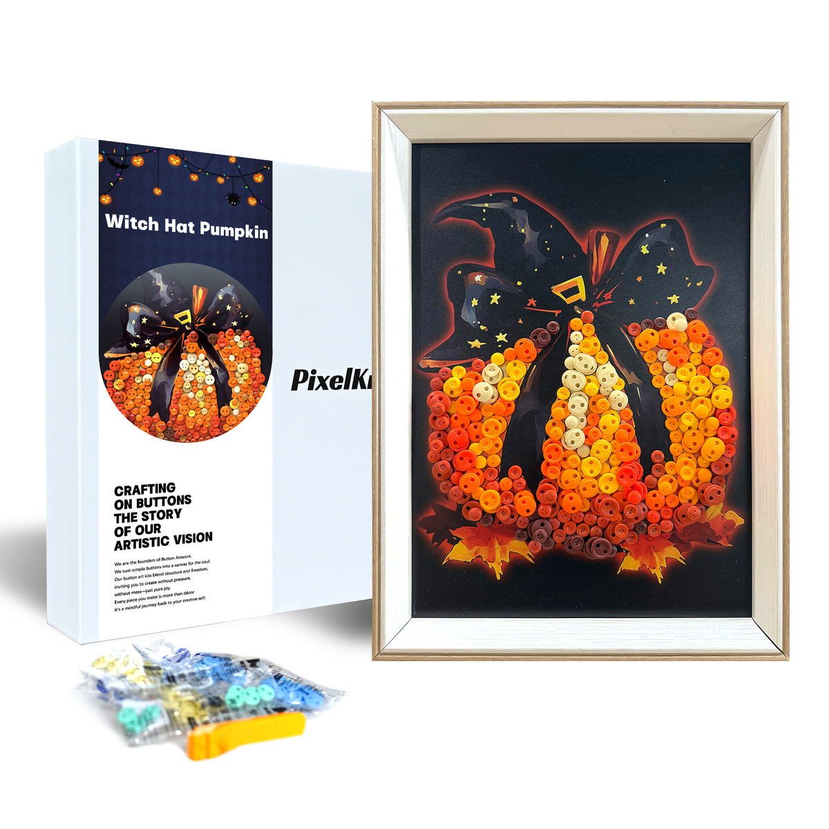 Witch Hat Pumpkin Button Art DIY kit shown in its product packaging with included craft supplies