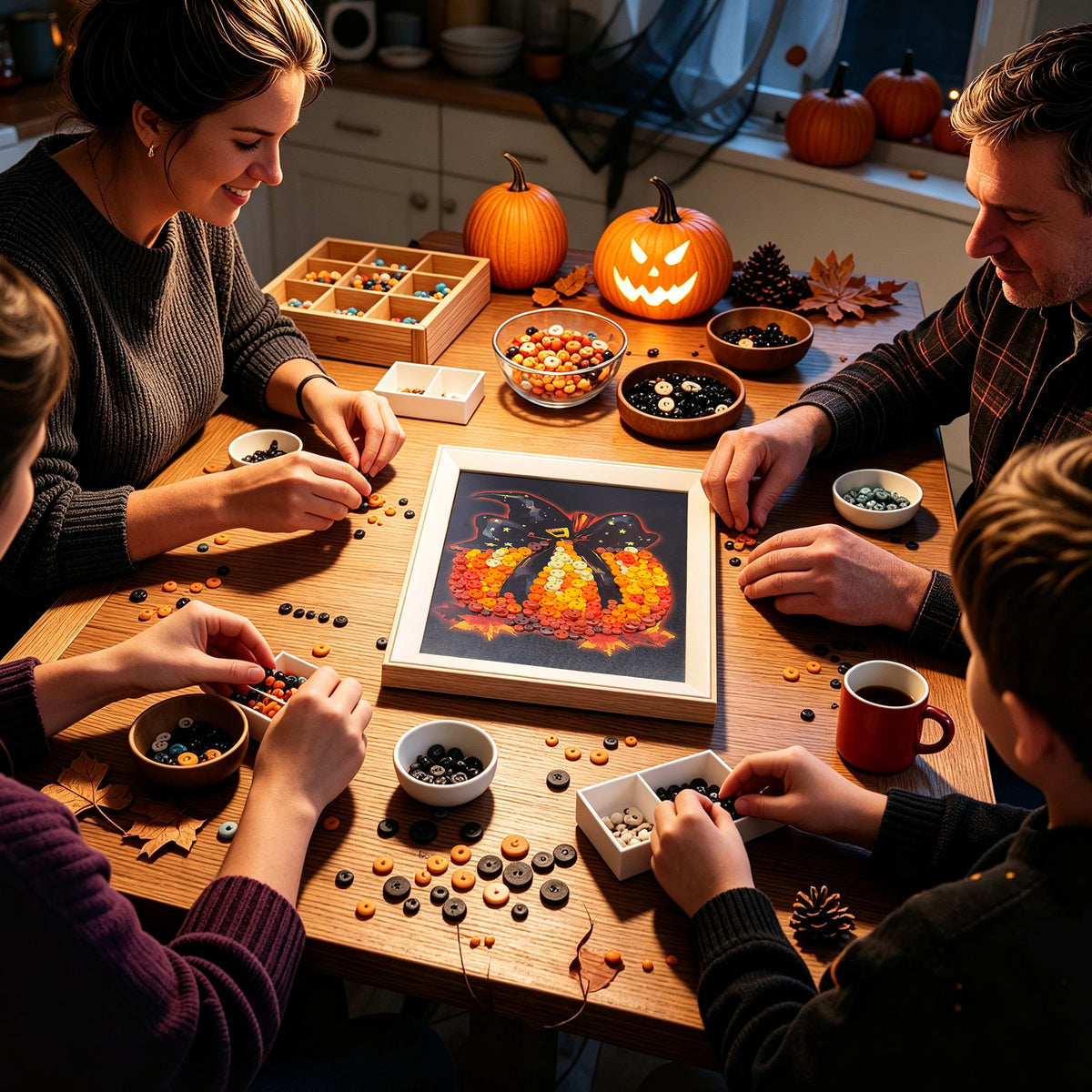 Person creating Witch Hat Pumpkin Button Art with a DIY kit and colorful buttons for a Halloween craft project