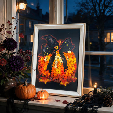 Witch Hat Pumpkin Button Art displayed as Halloween wall decor in a festive home setting