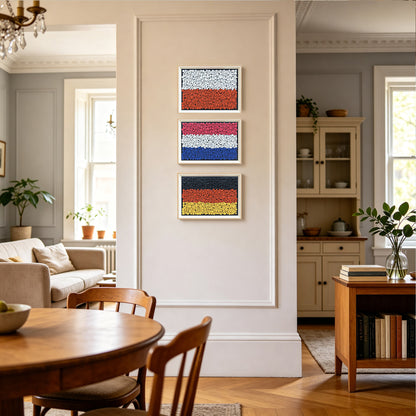 World Pride Collection featuring colorful national flag button art displayed together in a stylish home interior