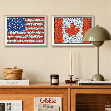 World Pride Collection button art featuring multiple international flags displayed together as colorful wall decor in a cozy living room