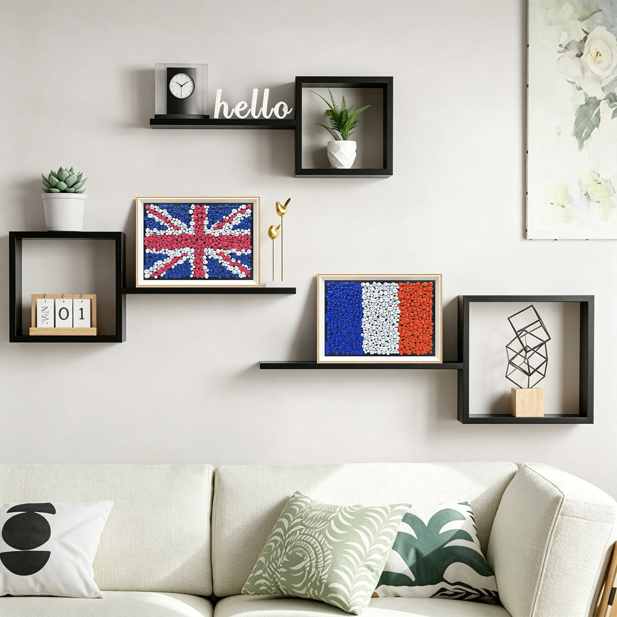 World Pride Collection button art featuring multiple national flags as statement wall decor in a modern interior